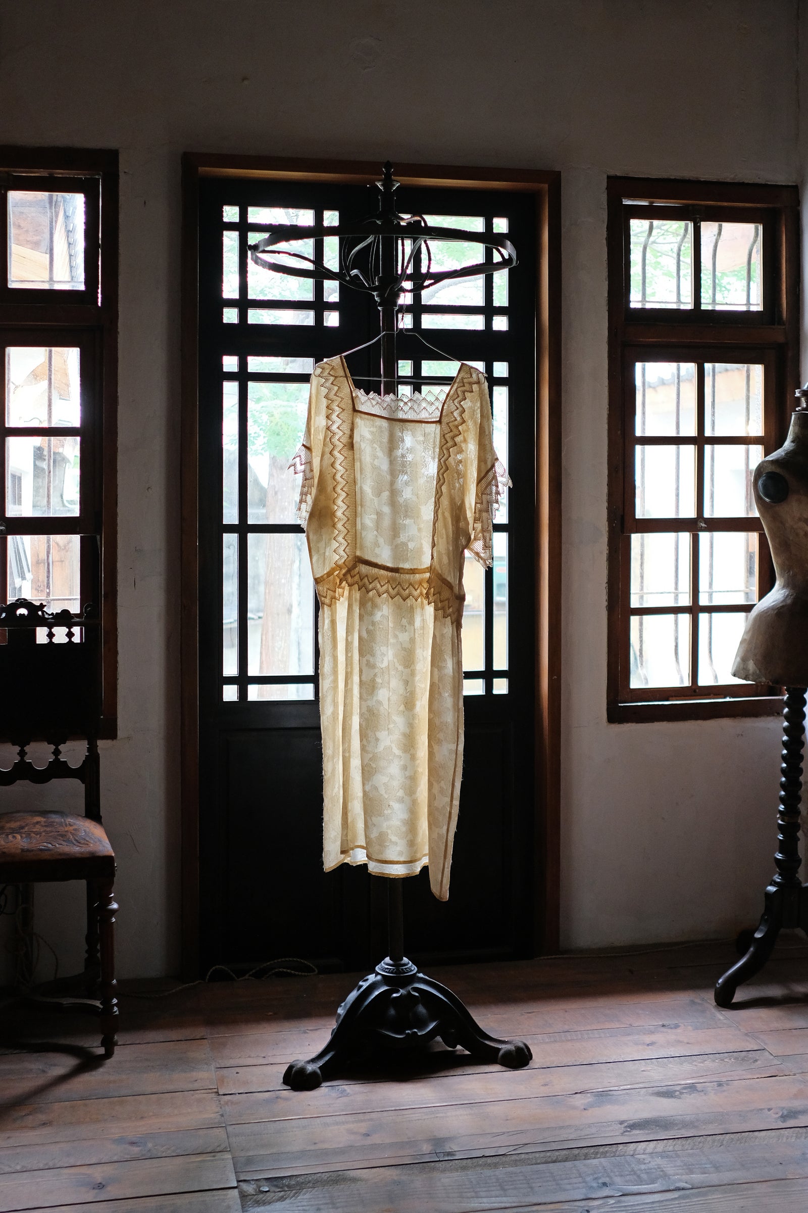 1910-20's Edwardian Silk Gauze Lace Dress / 絲質薄紗蕾絲連身裙