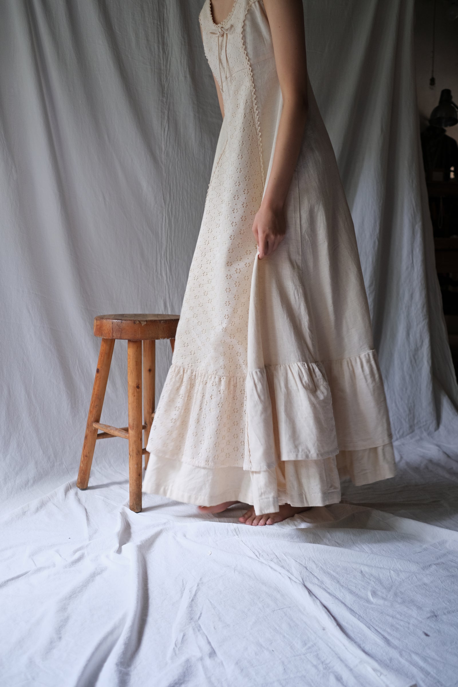1970’s Jacquard Lace Raw Cotton Layered Maxi Dress / 緹花蕾絲原棉長裙
