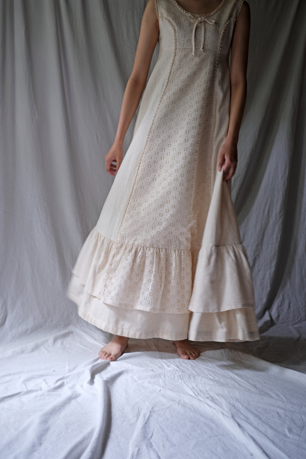 1970's Jacquard Lace Raw Cotton Layered Maxi Dress