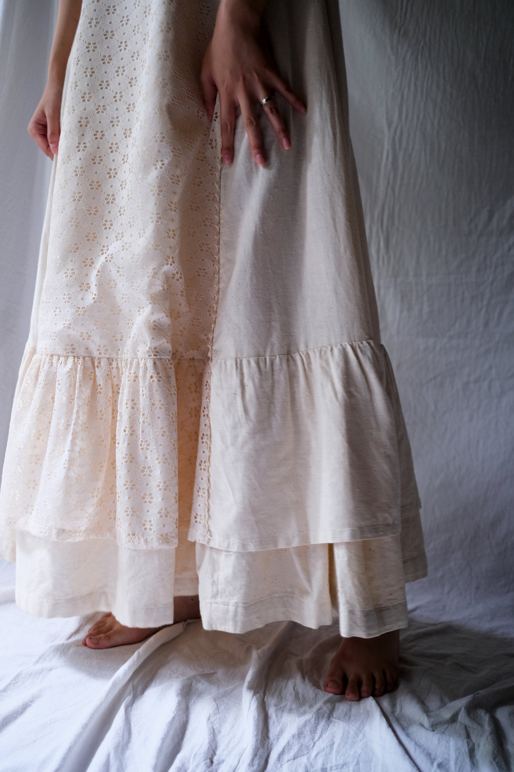 1970's Jacquard Lace Raw Cotton Layered Maxi Dress