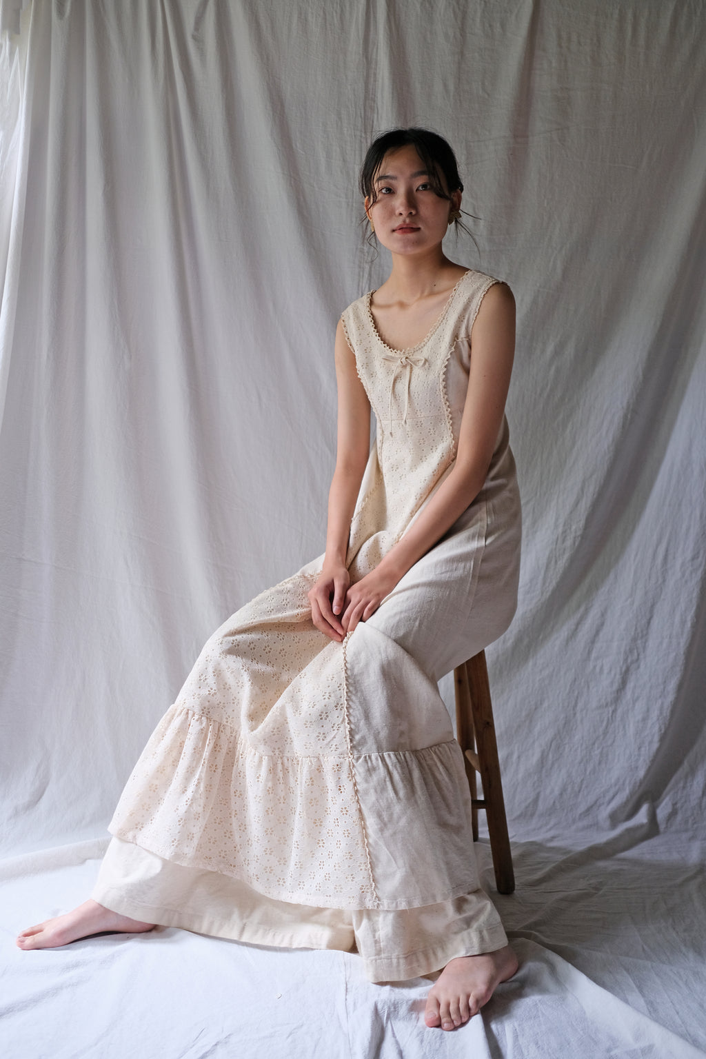 1970's Jacquard Lace Raw Cotton Layered Maxi Dress