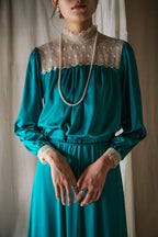 1970’s Teal Color Satin Lace Collar Maxi Dress / 青色緞面蕾絲領長裙
