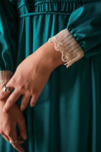 1970’s Teal Color Satin Lace Collar Maxi Dress / 青色緞面蕾絲領長裙