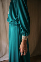 1970’s Teal Color Satin Lace Collar Maxi Dress / 青色緞面蕾絲領長裙