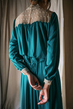 1970’s Teal Color Satin Lace Collar Maxi Dress / 青色緞面蕾絲領長裙