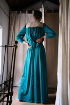1970’s Teal Color Satin Lace Collar Maxi Dress / 青色緞面蕾絲領長裙