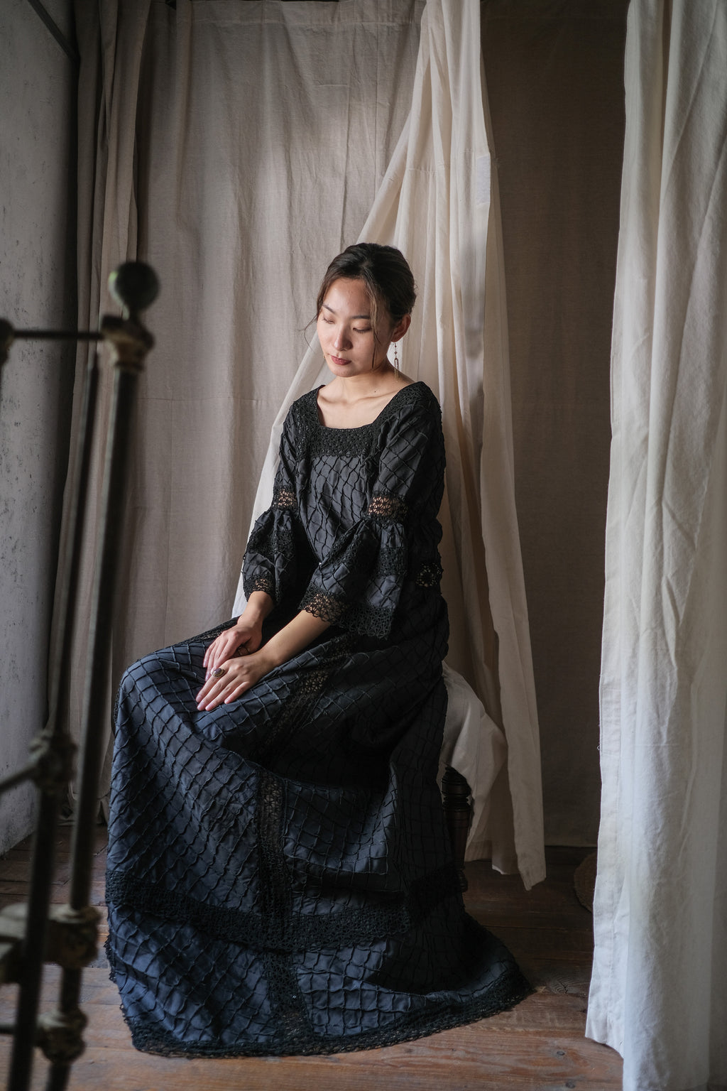 1970's Crochet Lace Bell Sleeve Maxi Dress / 鉤針蕾絲鐘形袖長裙