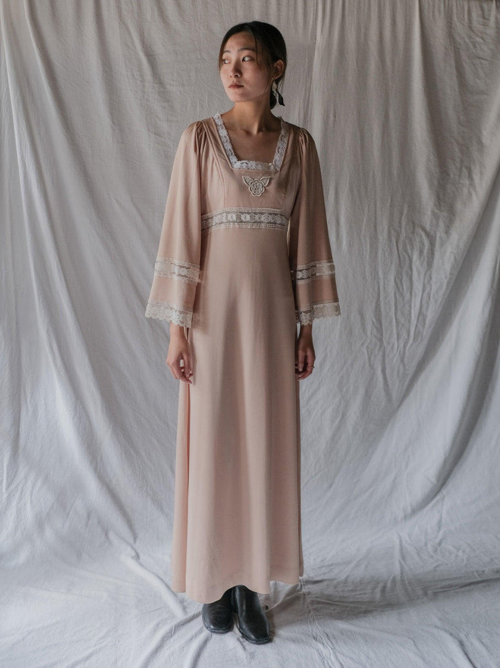 1970’s Knit Fabric Empire Waist Flare Sleeve Dress / 針織高腰喇叭袖長裙