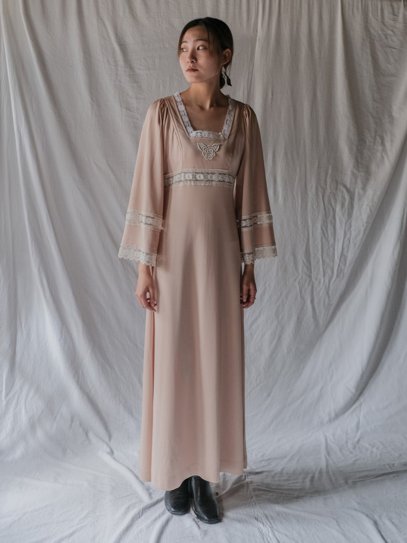 1970’s Knit Fabric Empire Waist Flare Sleeve Dress / 針織高腰喇叭袖長裙