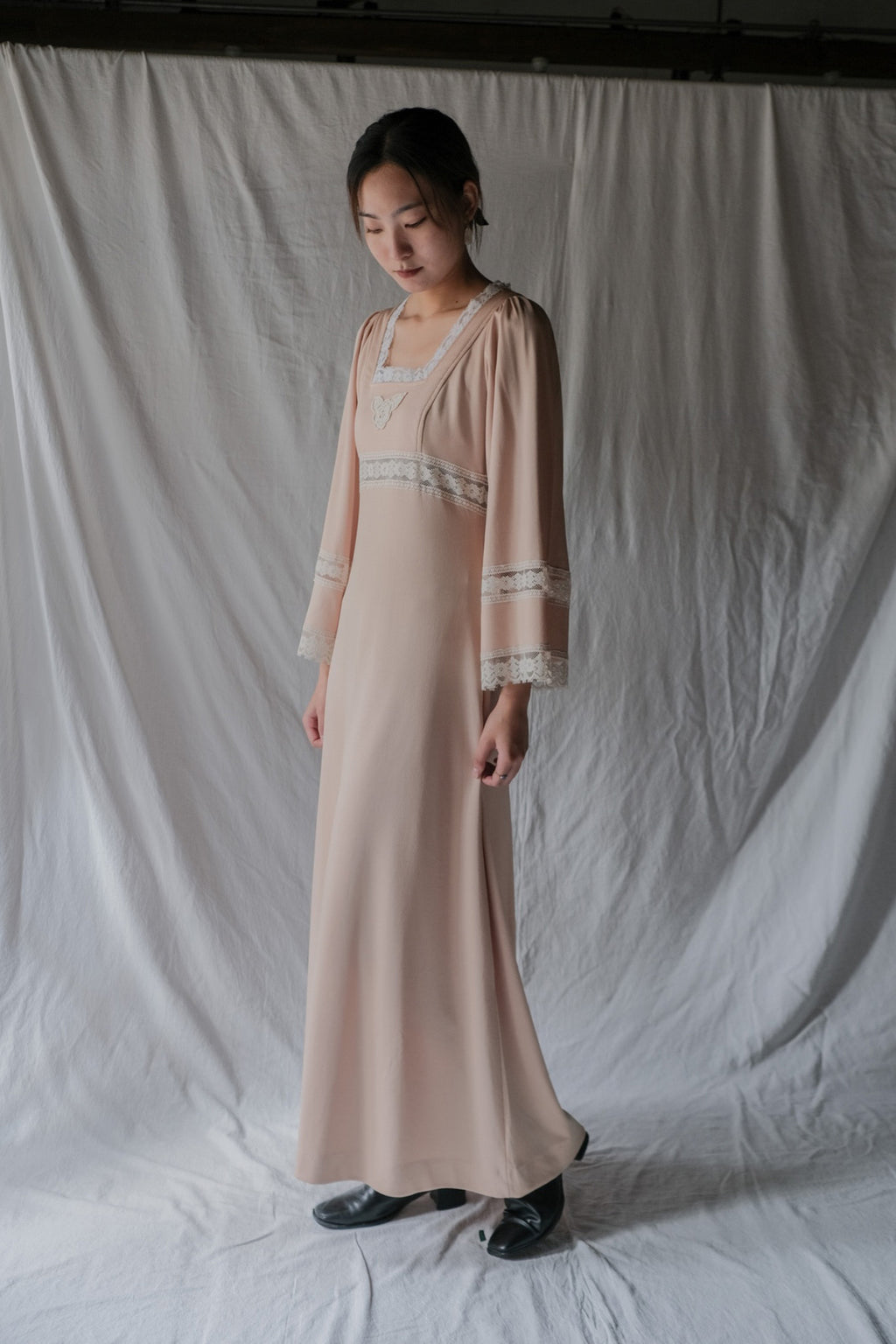 1970’s Knit Fabric Empire Waist Flare Sleeve Dress / 針織高腰喇叭袖長裙