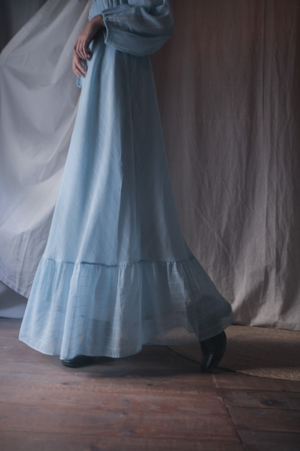 1970’s British Prairie Gauze Empire Waist Dress / 英國透紗高腰長裙