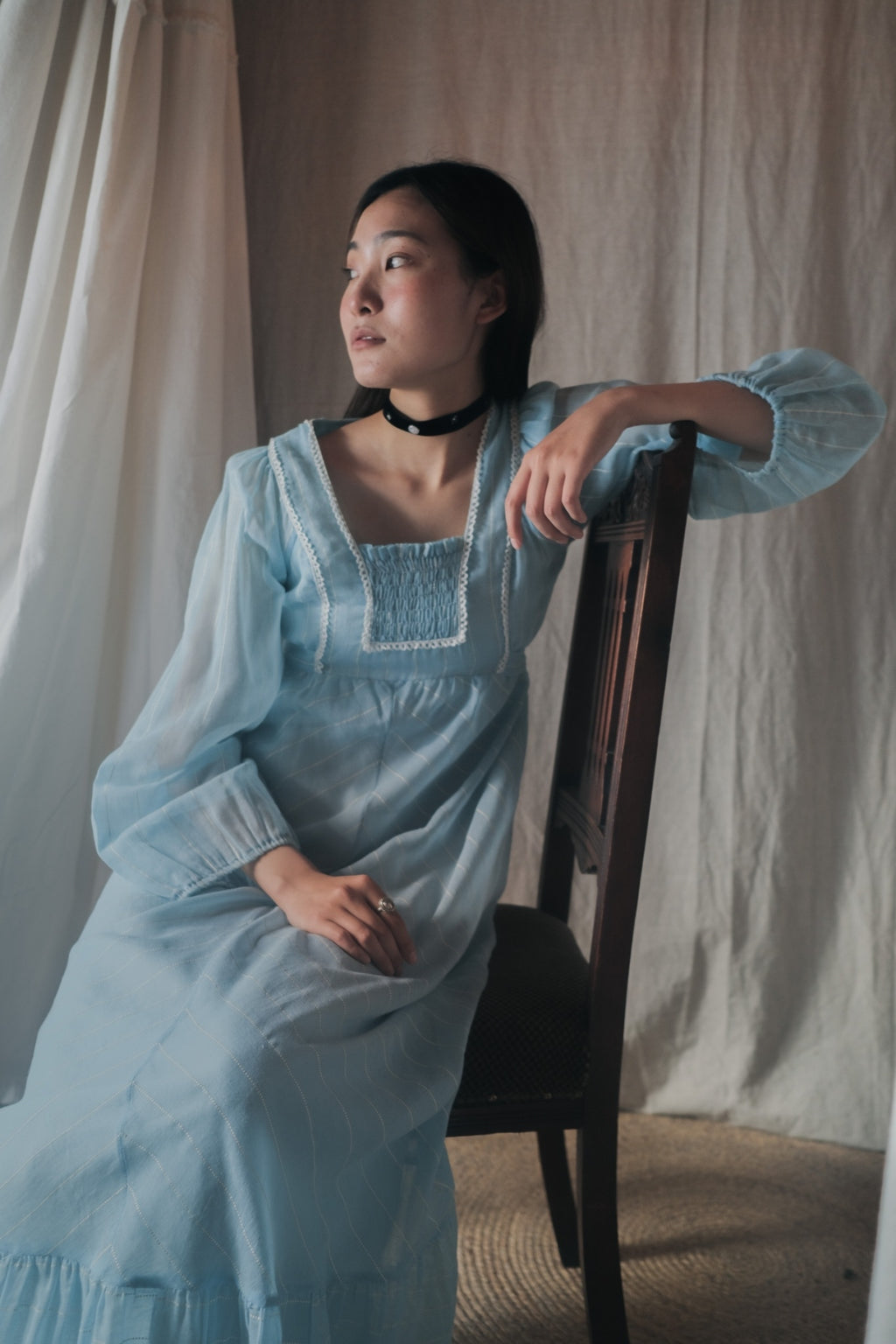 1970’s British Prairie Gauze Empire Waist Dress / 英國透紗高腰長裙