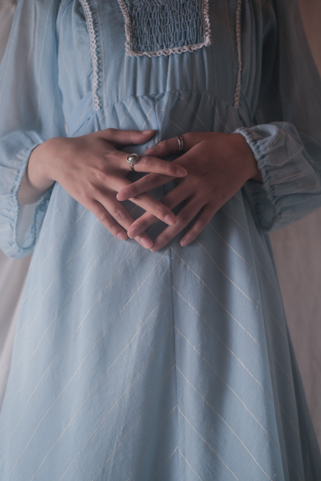 1970’s British Prairie Gauze Empire Waist Dress / 英國透紗高腰長裙