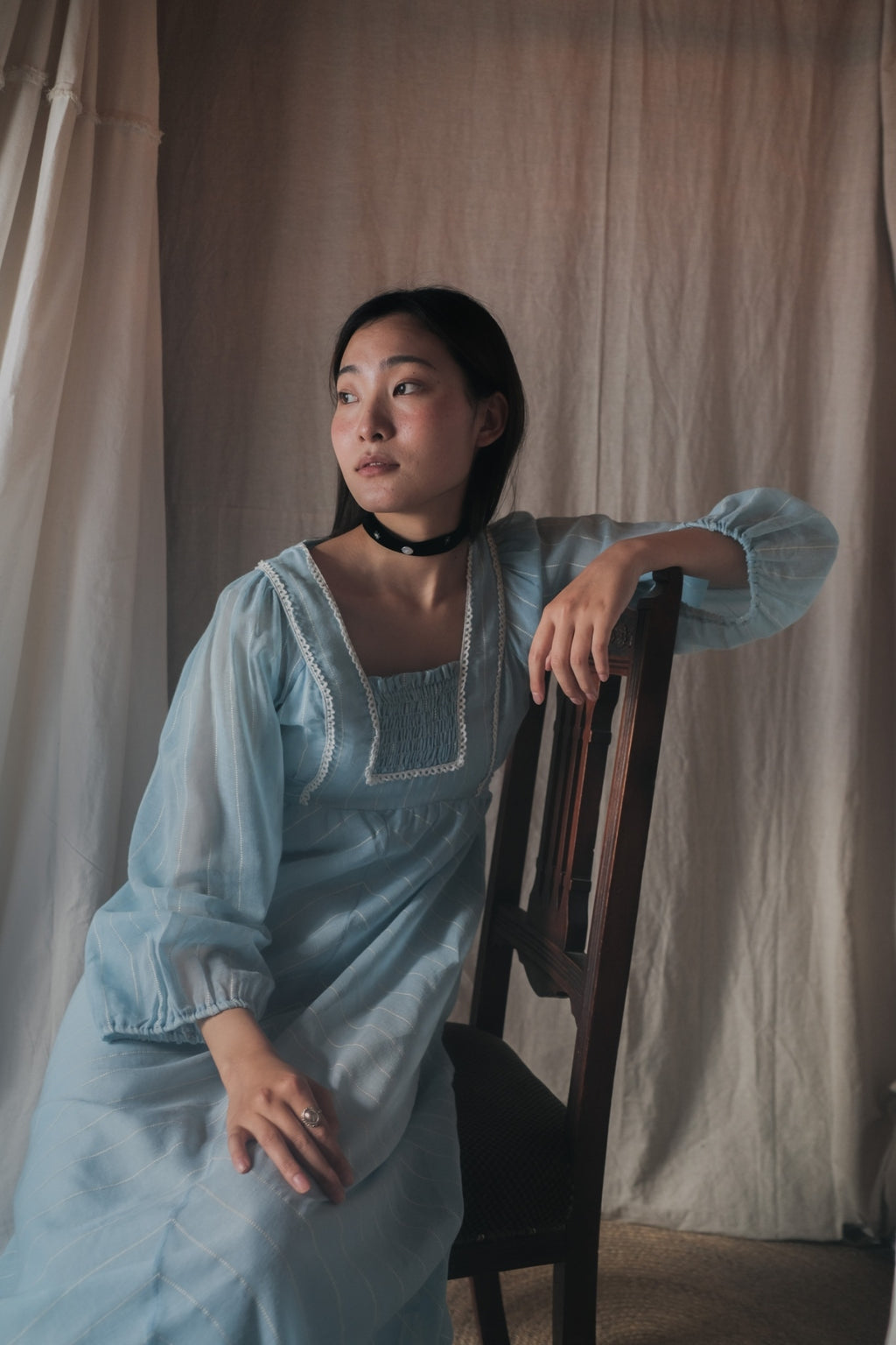 1970’s British Prairie Gauze Empire Waist Dress / 英國透紗高腰長裙