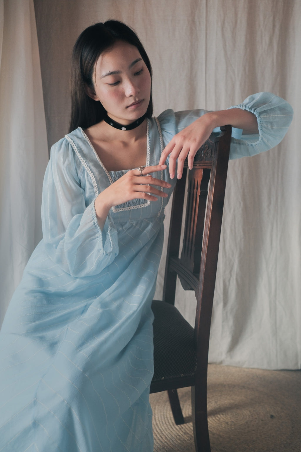 1970’s British Prairie Gauze Empire Waist Dress / 英國透紗高腰長裙