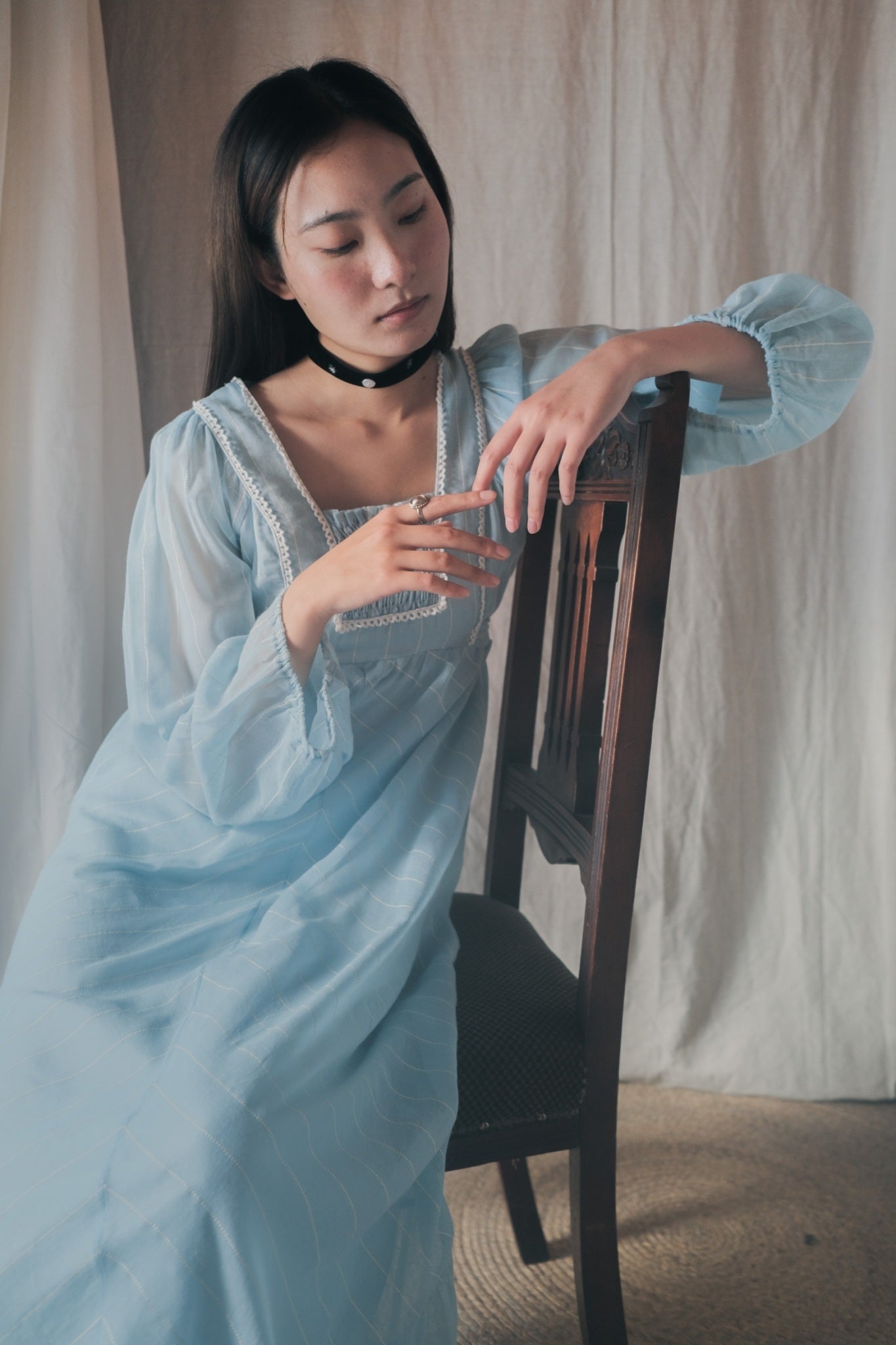 1970’s British Prairie Gauze Empire Waist Dress / 英國透紗高腰長裙