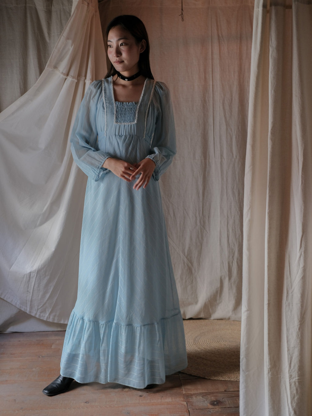 1970’s British Prairie Gauze Empire Waist Dress / 英國透紗高腰長裙