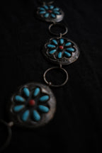 1990's American Native Turquoise and Coral Sterling Silver Concho Chain Belt / 美國原住民綠松石純銀腰鍊