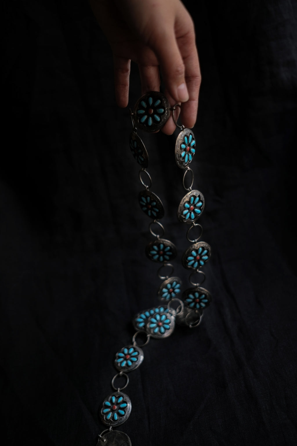 1990's American Native Turquoise and Coral Sterling Silver Concho Chain Belt / 美國原住民綠松石純銀腰鍊