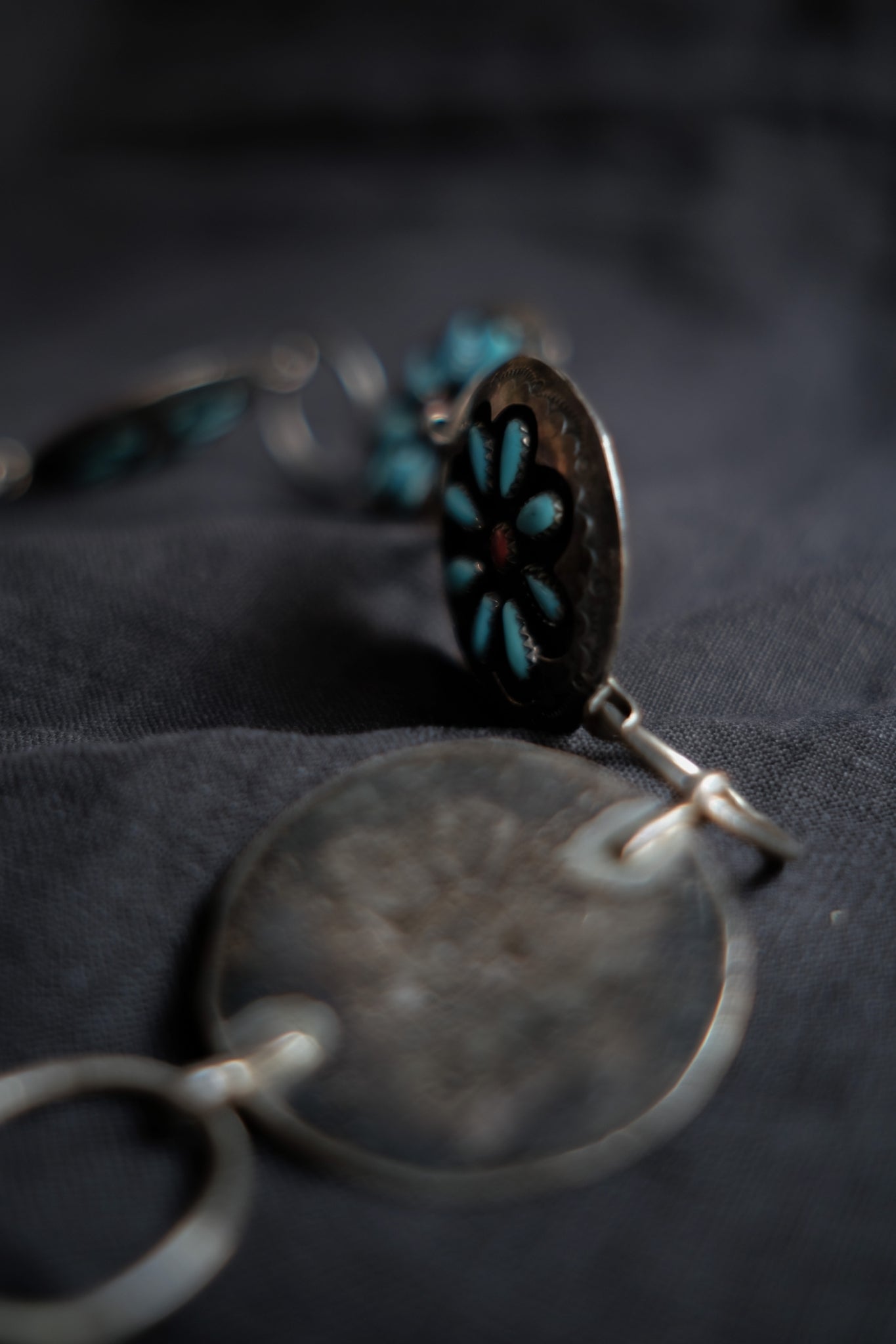 1990's American Native Turquoise and Coral Sterling Silver Concho Chain Belt / 美國原住民綠松石純銀腰鍊