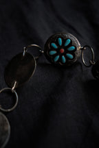 1990's American Native Turquoise and Coral Sterling Silver Concho Chain Belt / 美國原住民綠松石純銀腰鍊