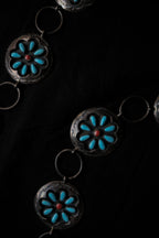 1990's American Native Turquoise and Coral Sterling Silver Concho Chain Belt / 美國原住民綠松石純銀腰鍊