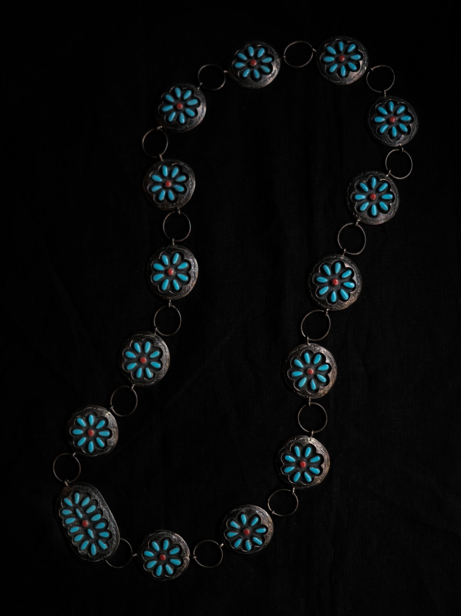 1990's American Native Turquoise and Coral Sterling Silver Concho Chain Belt / 美國原住民綠松石純銀腰鍊