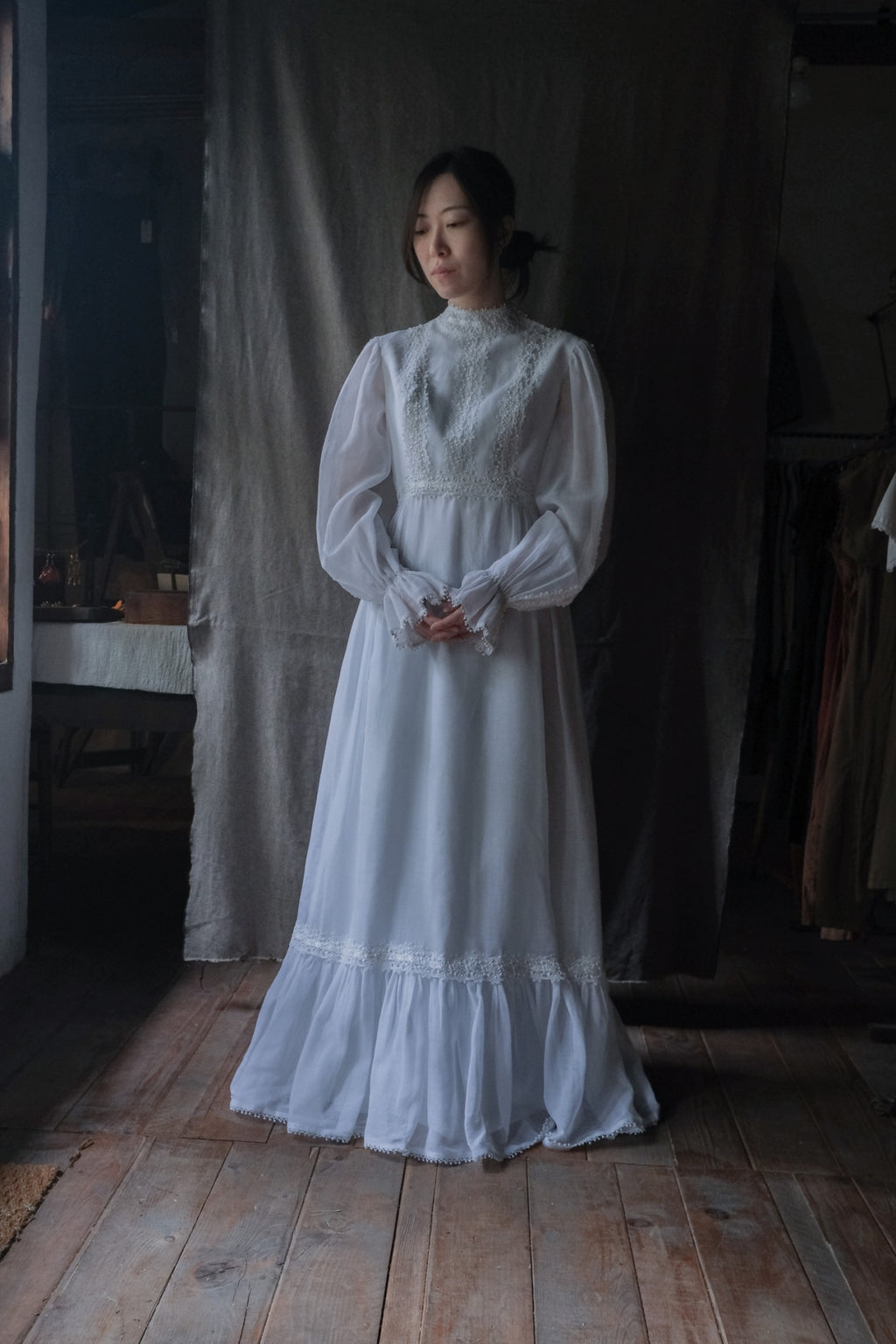 1970’s Lace Gauze Empire Waist Maxi Dress / 蕾絲白紗高腰長裙