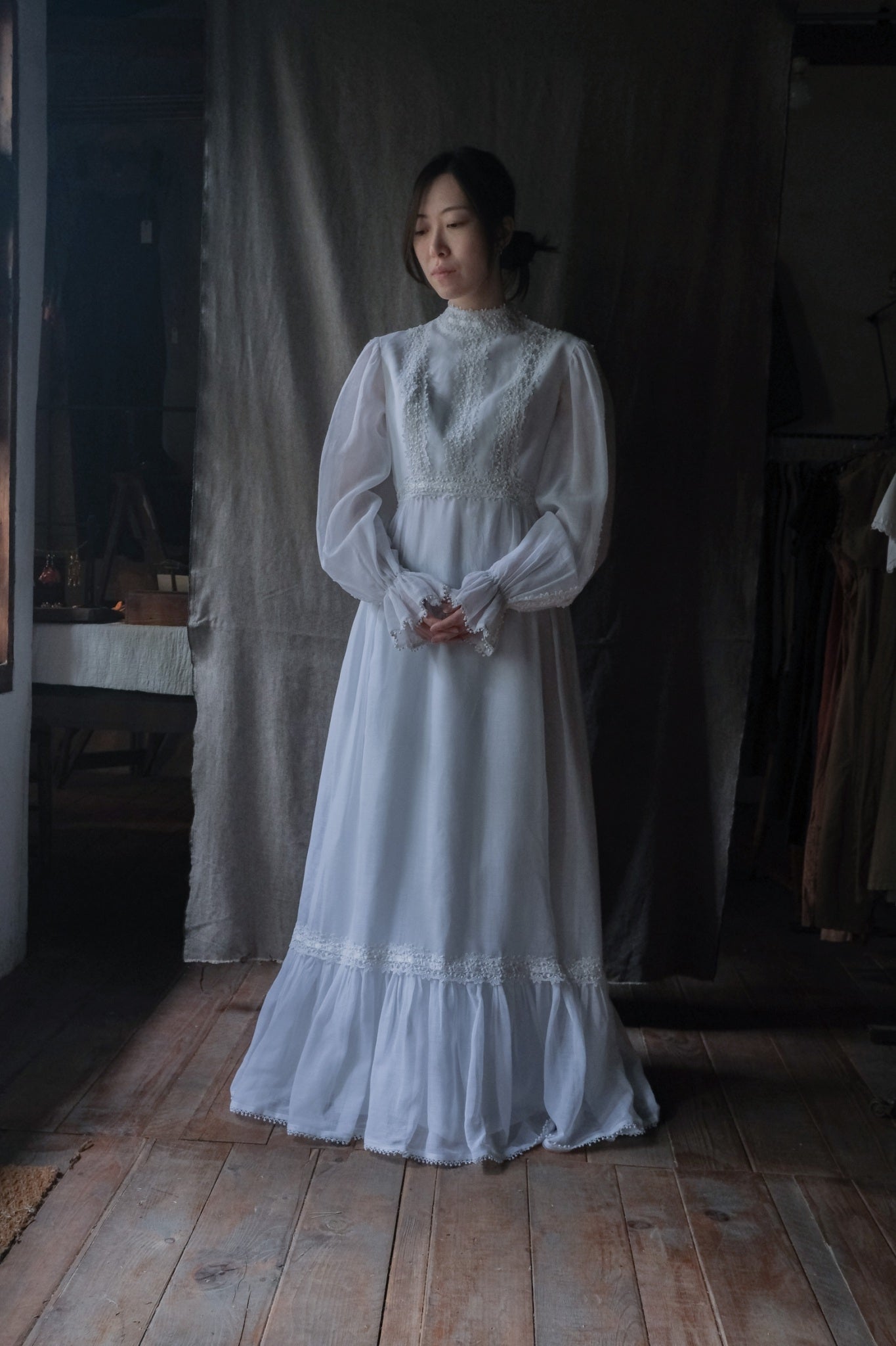 1970’s Lace Gauze Empire Waist Maxi Dress / 蕾絲白紗高腰長裙