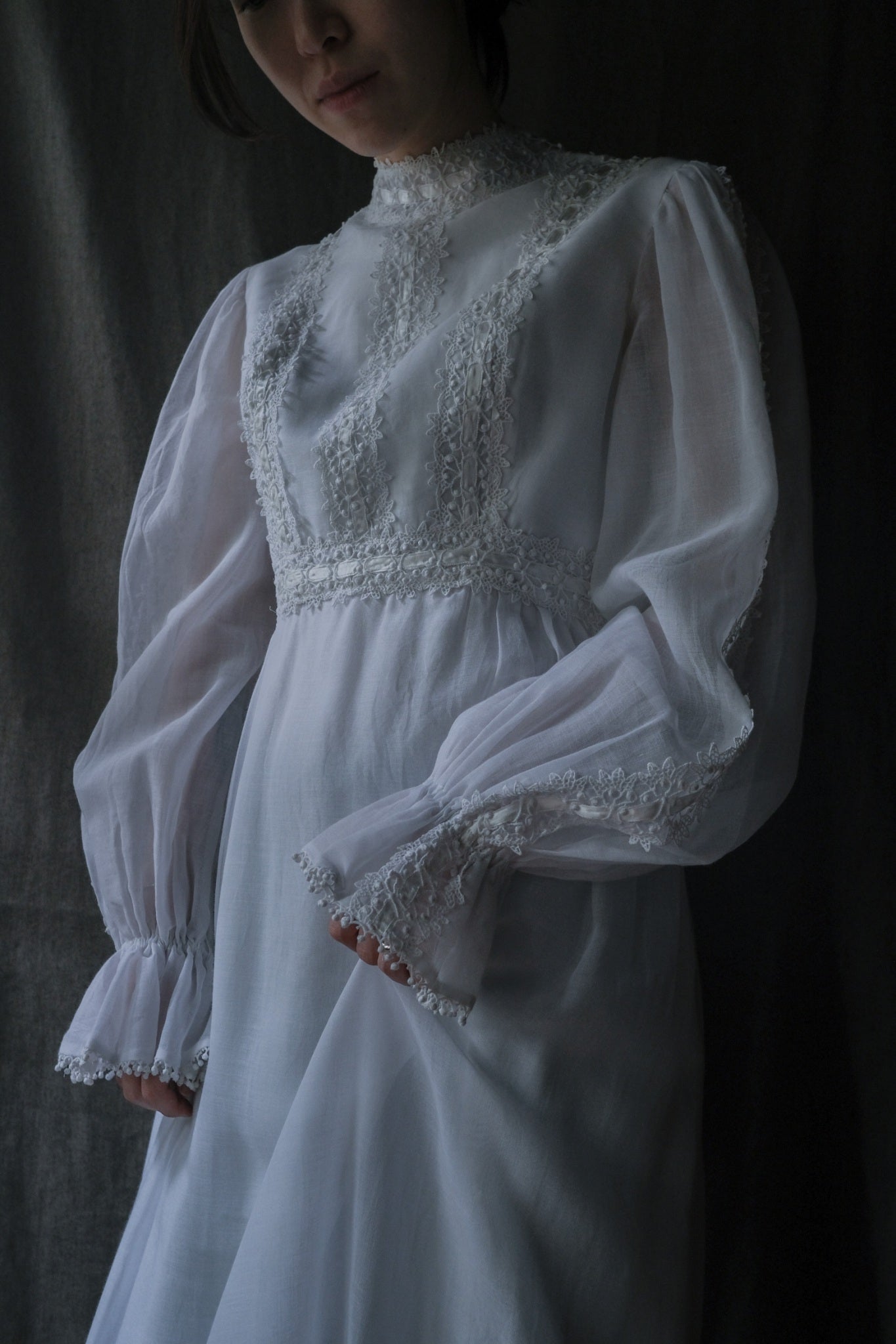 1970’s Lace Gauze Empire Waist Maxi Dress / 蕾絲白紗高腰長裙