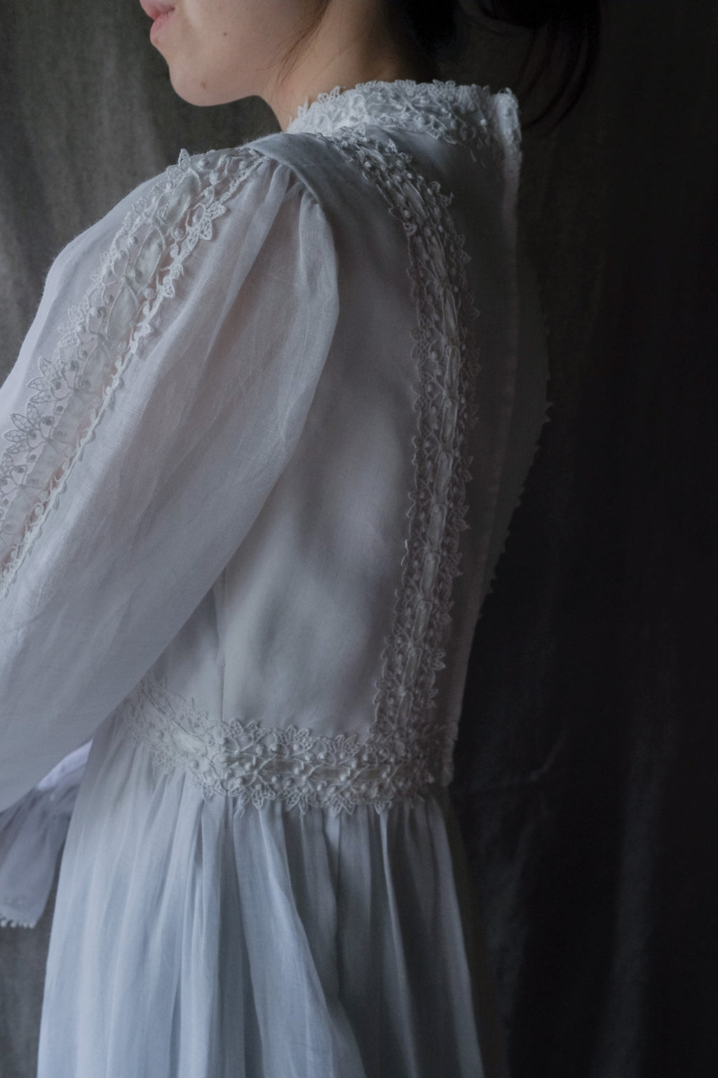 1970’s Lace Gauze Empire Waist Maxi Dress / 蕾絲白紗高腰長裙