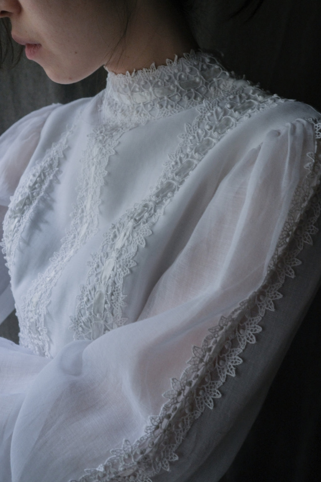1970’s Lace Gauze Empire Waist Maxi Dress / 蕾絲白紗高腰長裙