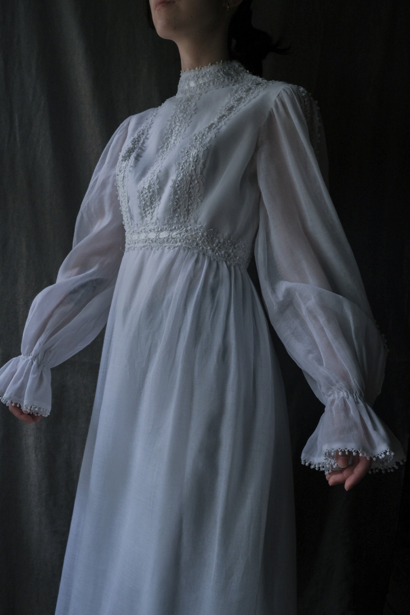 1970’s Lace Gauze Empire Waist Maxi Dress / 蕾絲白紗高腰長裙