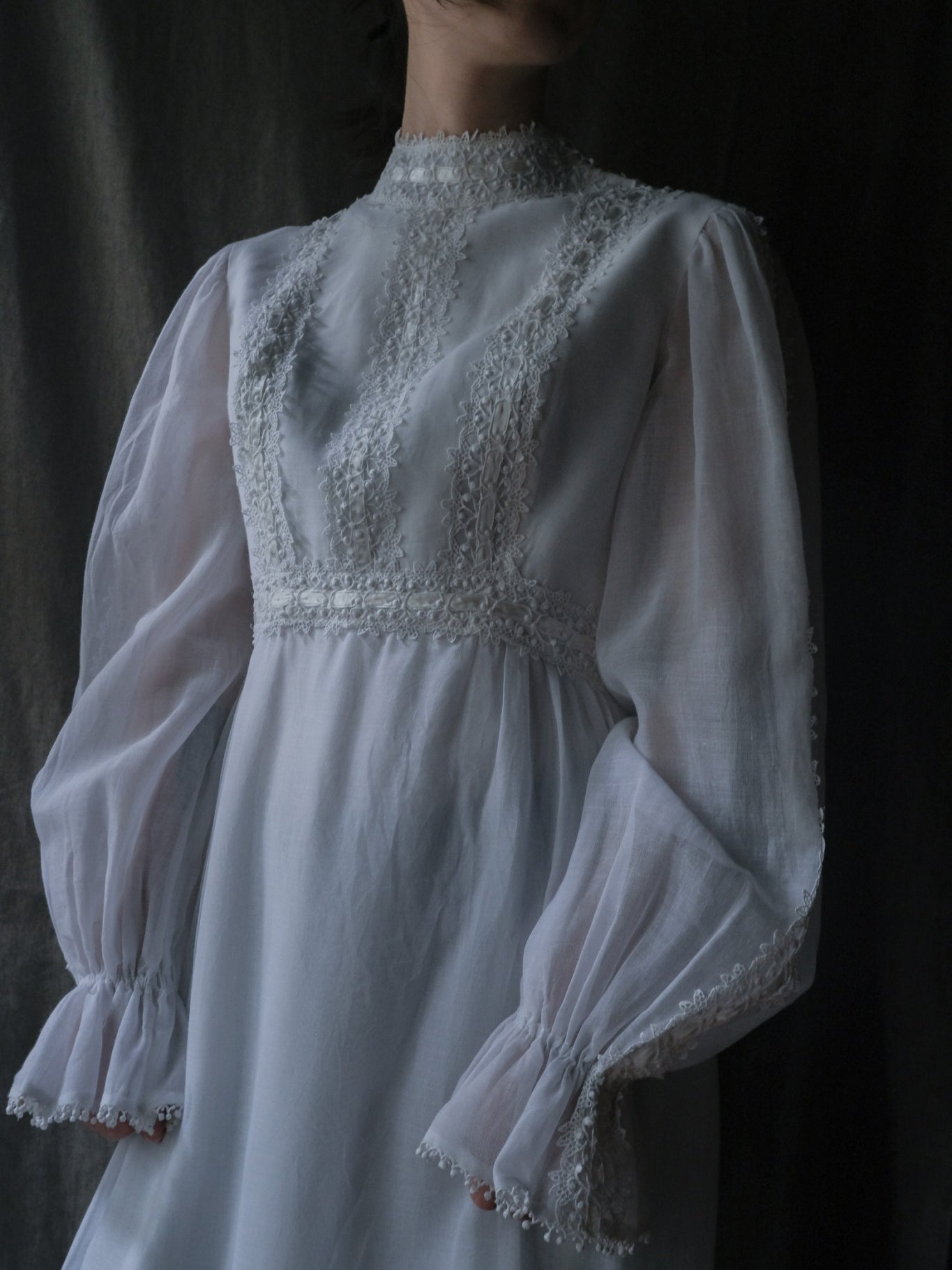1970’s Lace Gauze Empire Waist Maxi Dress / 蕾絲白紗高腰長裙