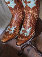JNV Turquoise Cross Wing Cowboy Boots 綠松拼色十字架翅膀雕花西部靴