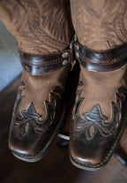 BILL MONTANA Square Toe Harness Two Tone Cowboy Motorcycle Boots 雙皮革雕花繫帶西部機車靴