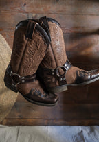 BILL MONTANA Square Toe Harness Two Tone Cowboy Motorcycle Boots 雙皮革雕花繫帶西部機車靴