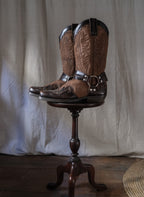 BILL MONTANA Square Toe Harness Two Tone Cowboy Motorcycle Boots 雙皮革雕花繫帶西部機車靴