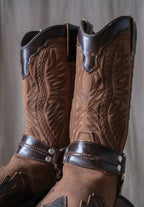 BILL MONTANA Square Toe Harness Two Tone Cowboy Motorcycle Boots 雙皮革雕花繫帶西部機車靴