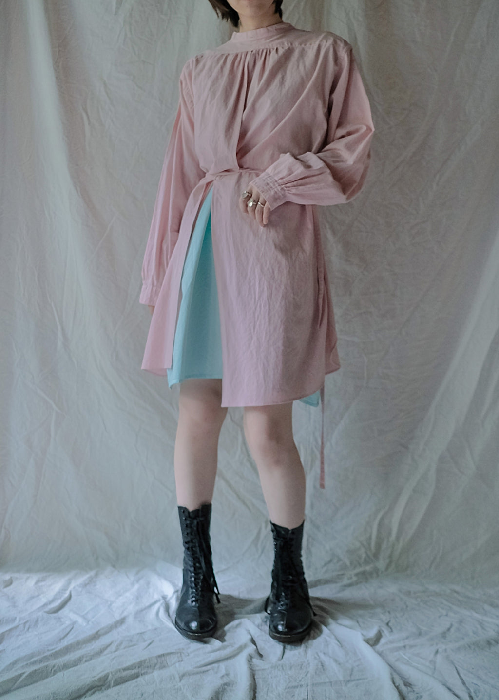 1930-1940's Vintage European / France Open-Back Drawstring Dress Shirt / Powder Pink European Open-Back Drawstring Dress Shirt