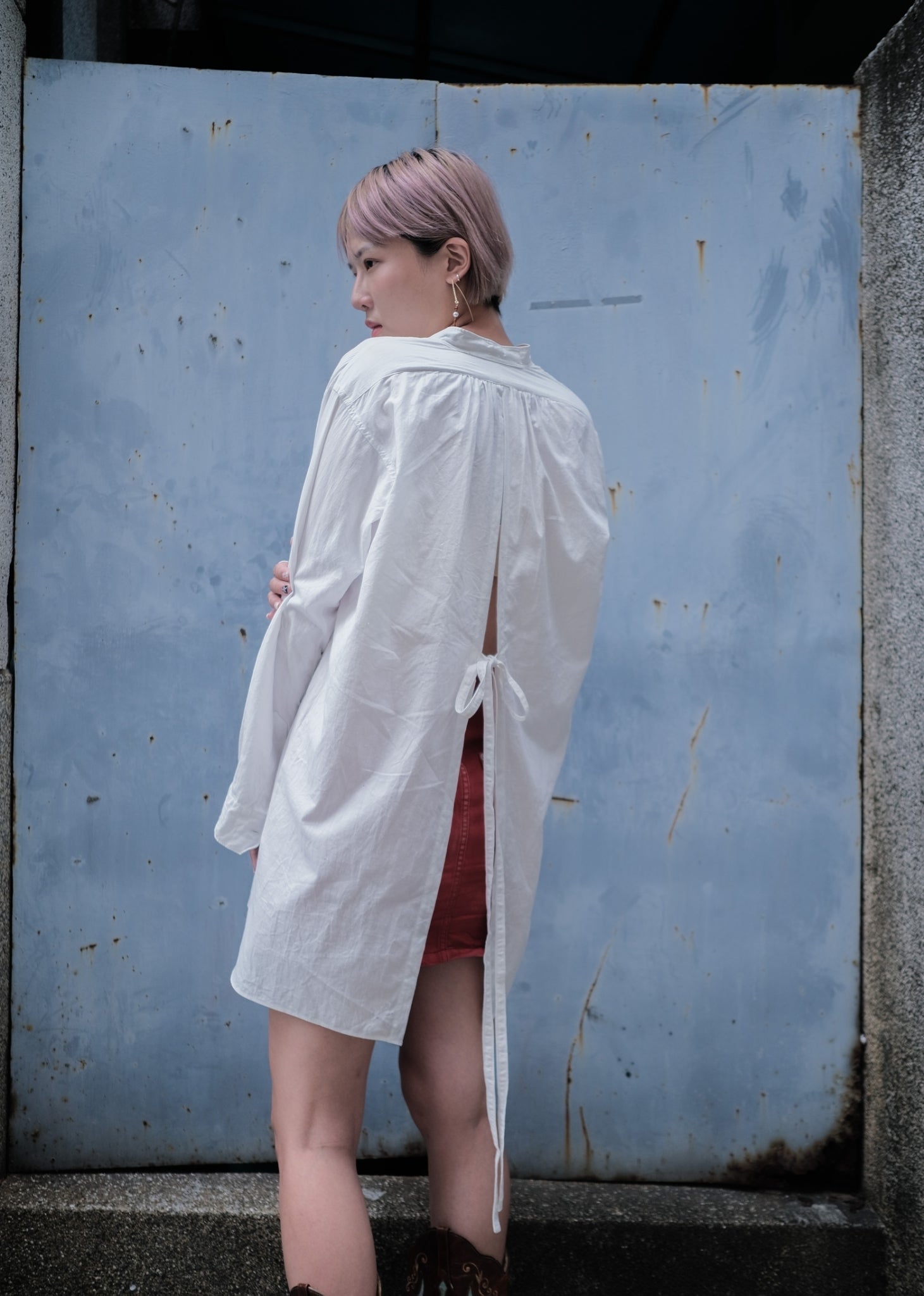 1930-1940’s Vintage European / France Open-Back Drawstring Dress Shirt  / 歐洲露背綁繩禮服襯衫