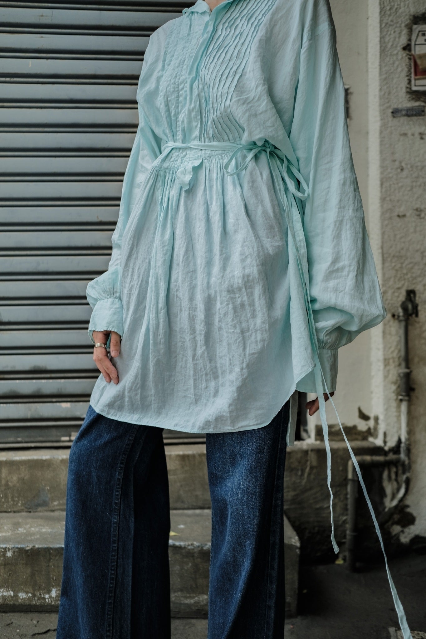 1900-1910’s Vintage European / France Open-Back Drawstring Dress Shirt / 水色綠歐洲露背綁繩禮服襯衫