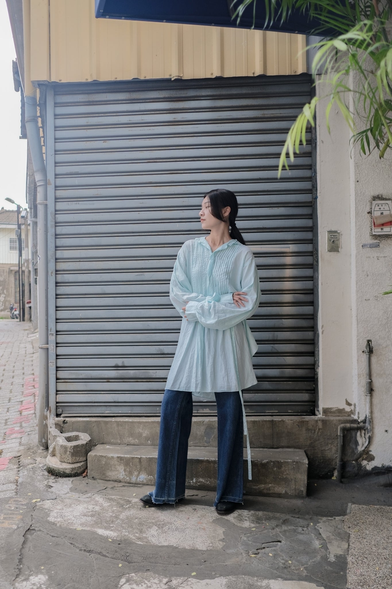 1900-1910’s Vintage European / France Open-Back Drawstring Dress Shirt / 水色綠歐洲露背綁繩禮服襯衫
