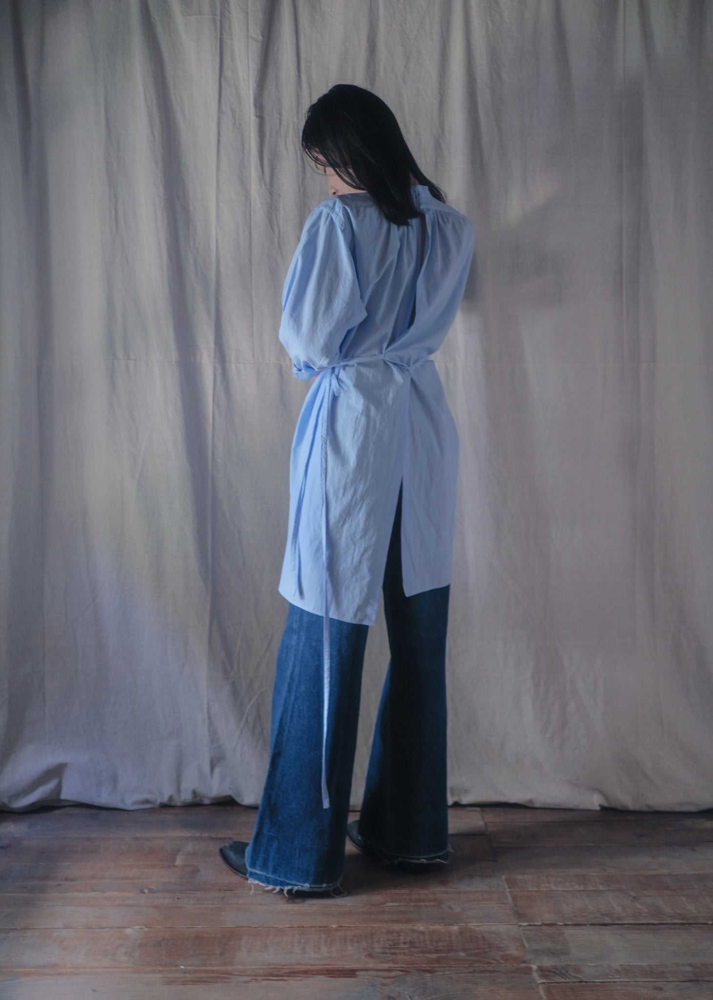 1900-1910’s Vintage European / France Open-Back Drawstring Dress Shirt /月色藍歐洲露背綁繩禮服襯衫