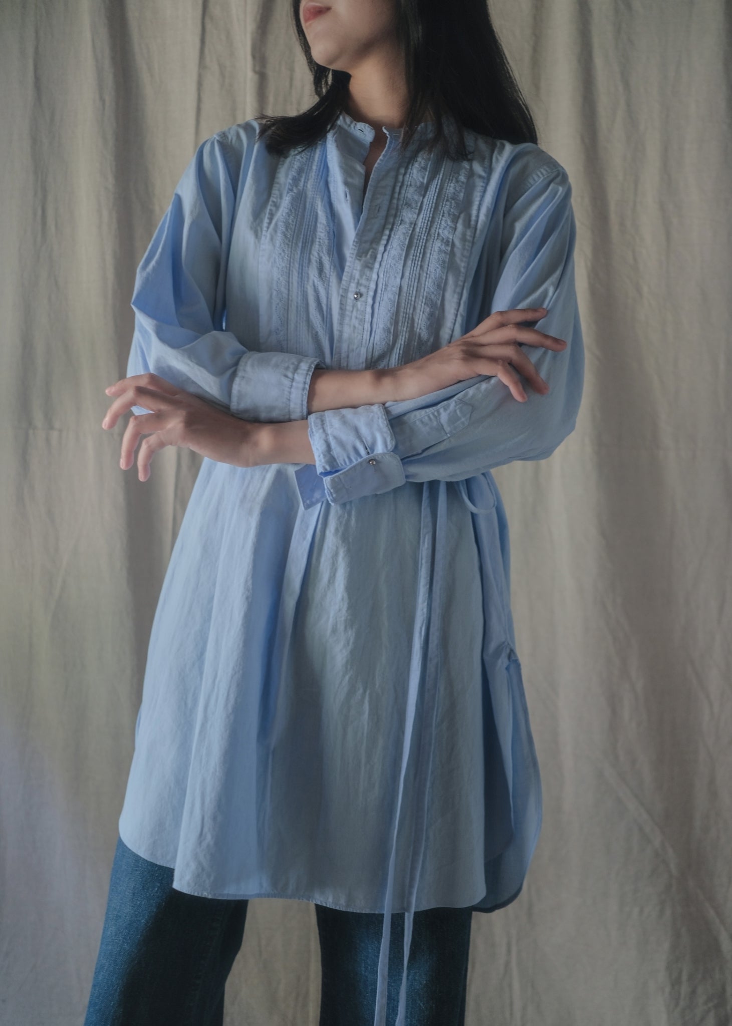 1900-1910’s Vintage European / France Open-Back Drawstring Dress Shirt /月色藍歐洲露背綁繩禮服襯衫