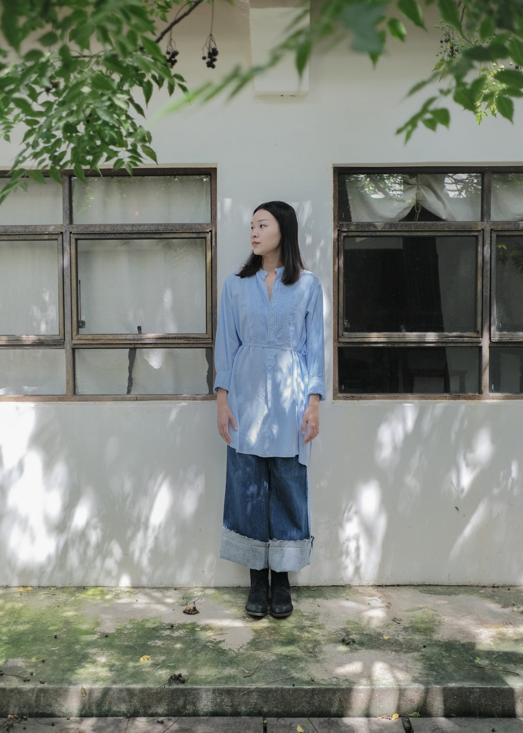 1900-1910’s Vintage European / France Open-Back Drawstring Dress Shirt /月色藍歐洲露背綁繩禮服襯衫