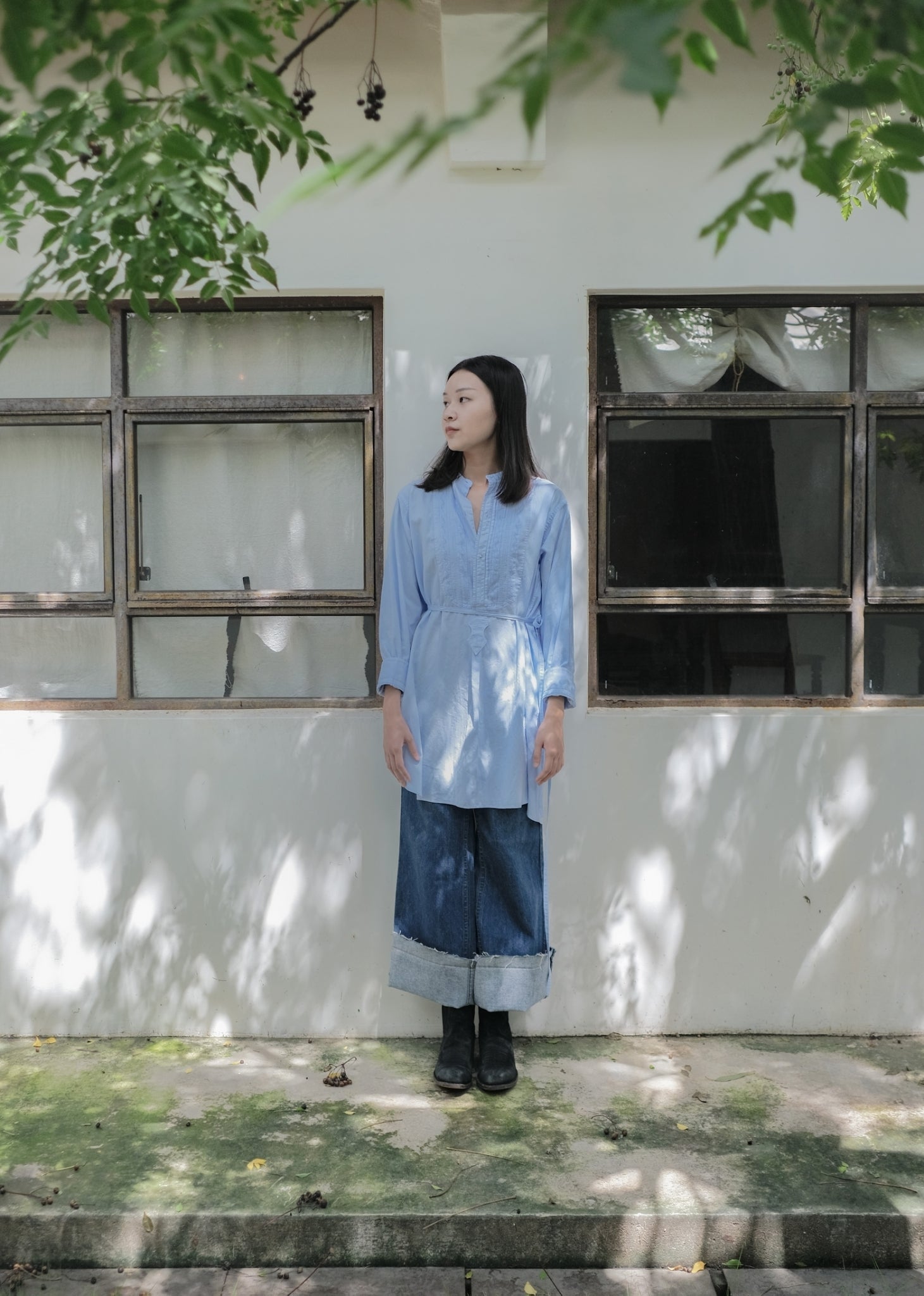 1900-1910’s Vintage European / France Open-Back Drawstring Dress Shirt /月色藍歐洲露背綁繩禮服襯衫
