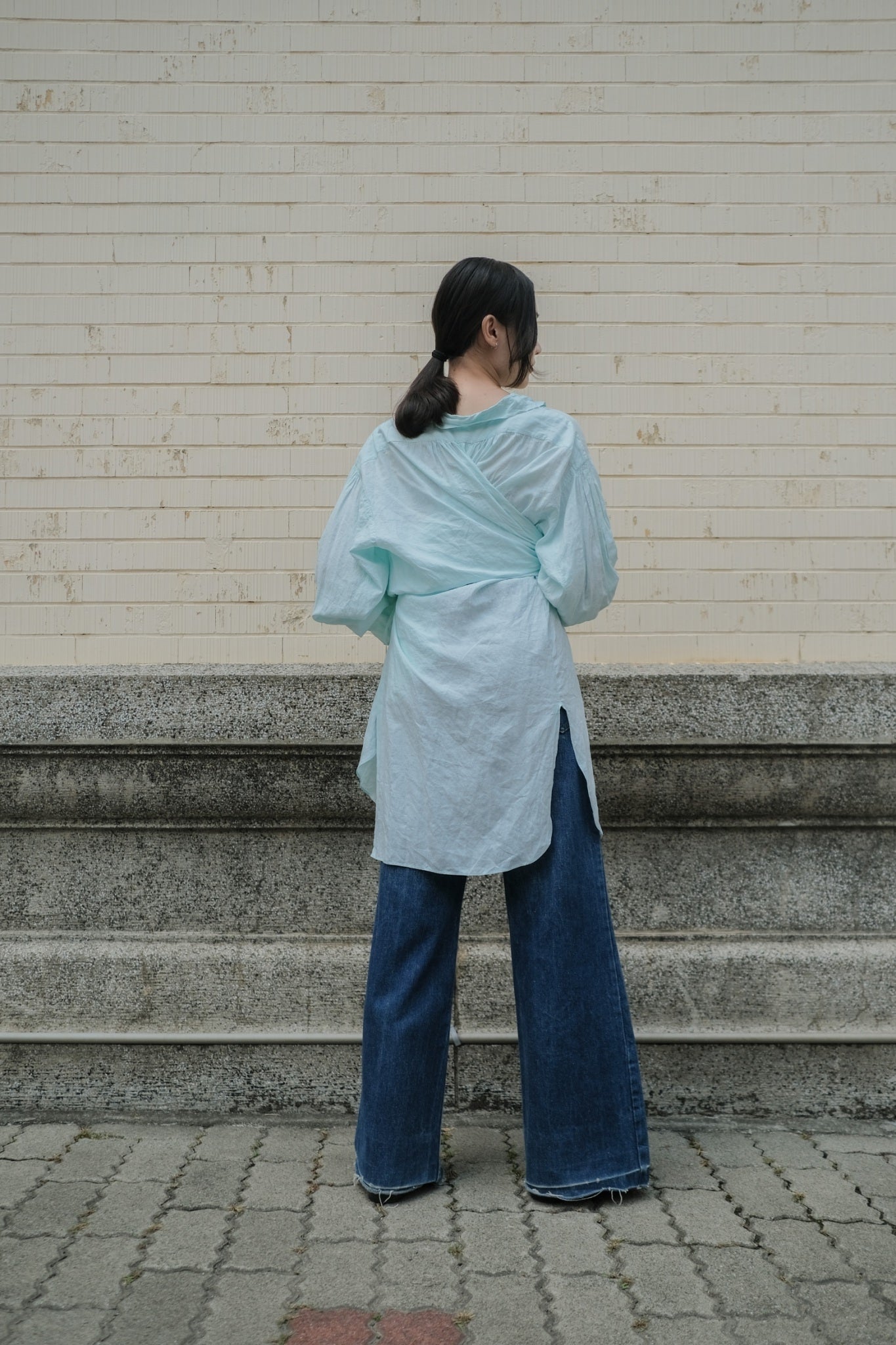 1900-1910’s Vintage European / France Open-Back Drawstring Dress Shirt / 水色綠歐洲露背綁繩禮服襯衫
