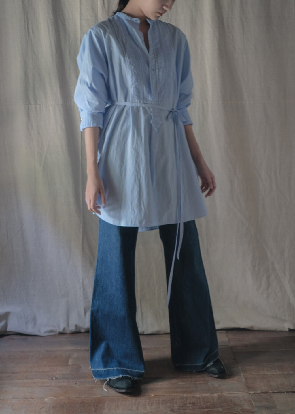 1900-1910’s Vintage European / France Open-Back Drawstring Dress Shirt /月色藍歐洲露背綁繩禮服襯衫