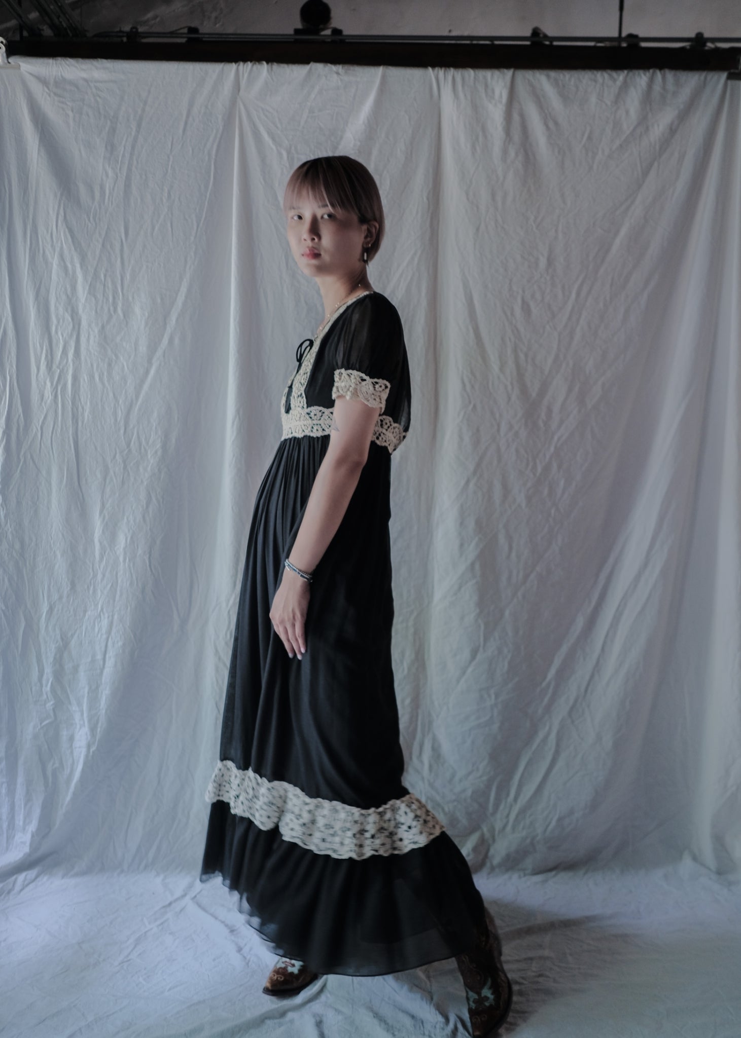 1960's Beverly Paige Lace Gauze Maxi Dress / Beverly Paige Lace Gauze Maxi Dress